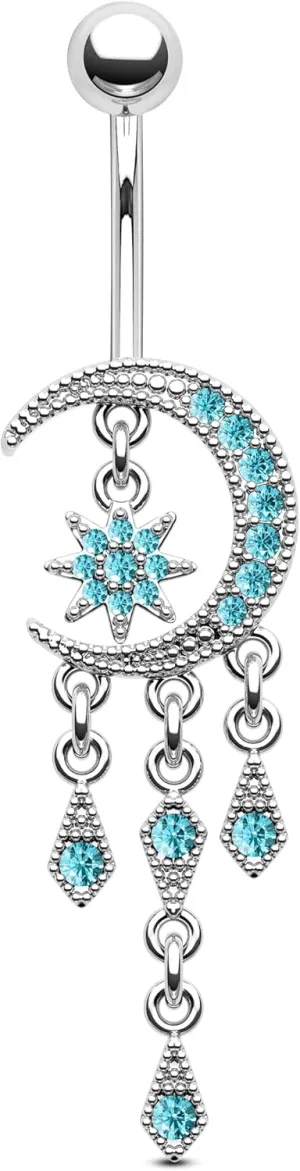 COCHARM Moon Dangle Belly Button Rings for Women 14g Belly Rings Dangling Cute Nave Rings Boho Belly Navel Piercing Jewelry