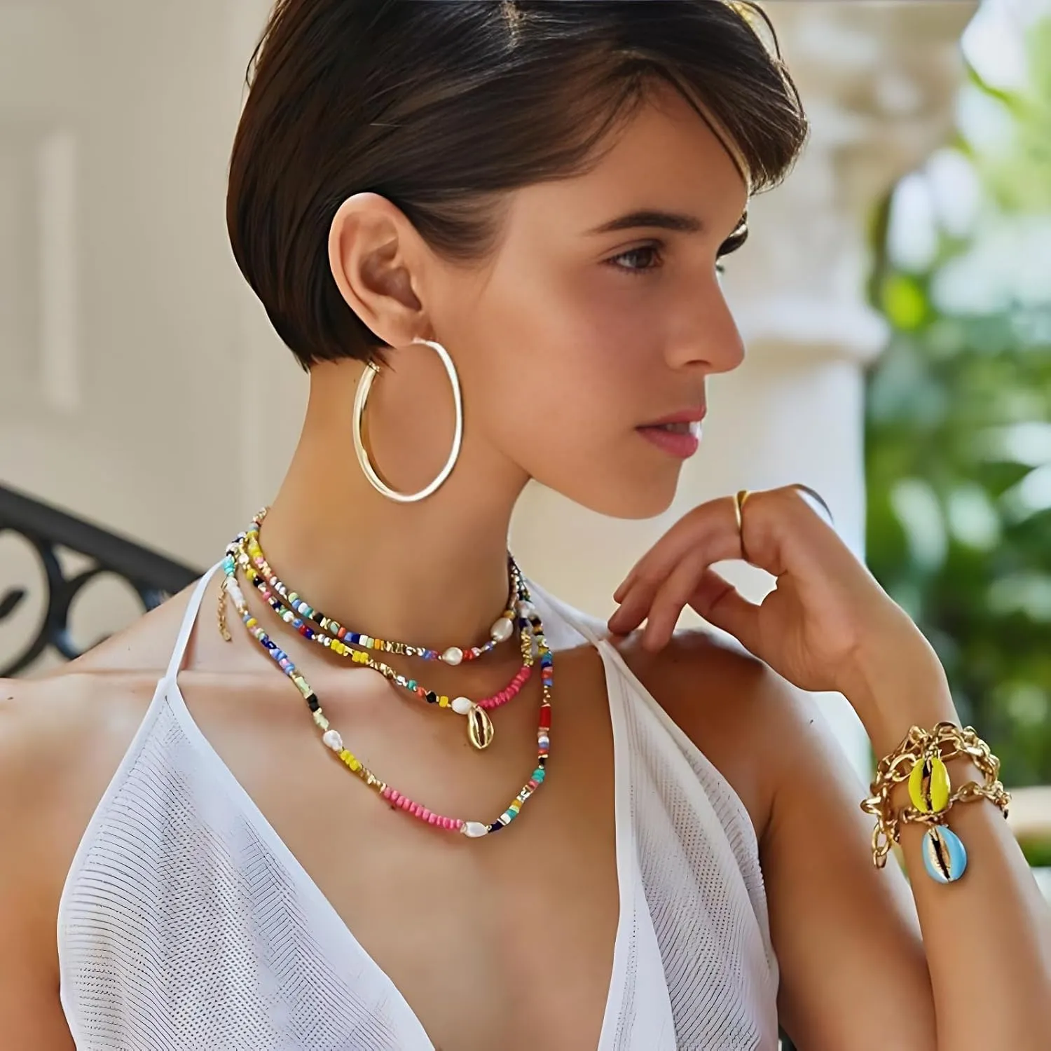 Colorful Beaded Necklace for Women Pearl Choker Necklace Adjustable Beach Shell Necklace Boho Bead Necklaces for Women Jewlery