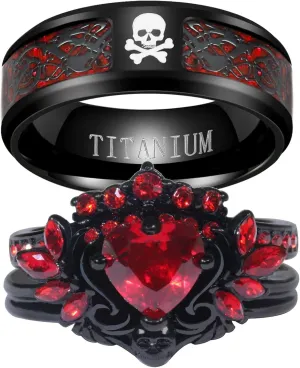 Couple Rings Matching Rings Black Wings Skull Ring 1.5ct Red CZ Womens Wedding Ring Sets Punk Ring