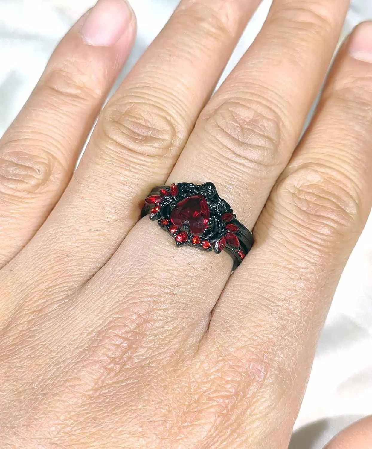 Couple Rings Matching Rings Black Wings Skull Ring 1.5ct Red CZ Womens Wedding Ring Sets Punk Ring