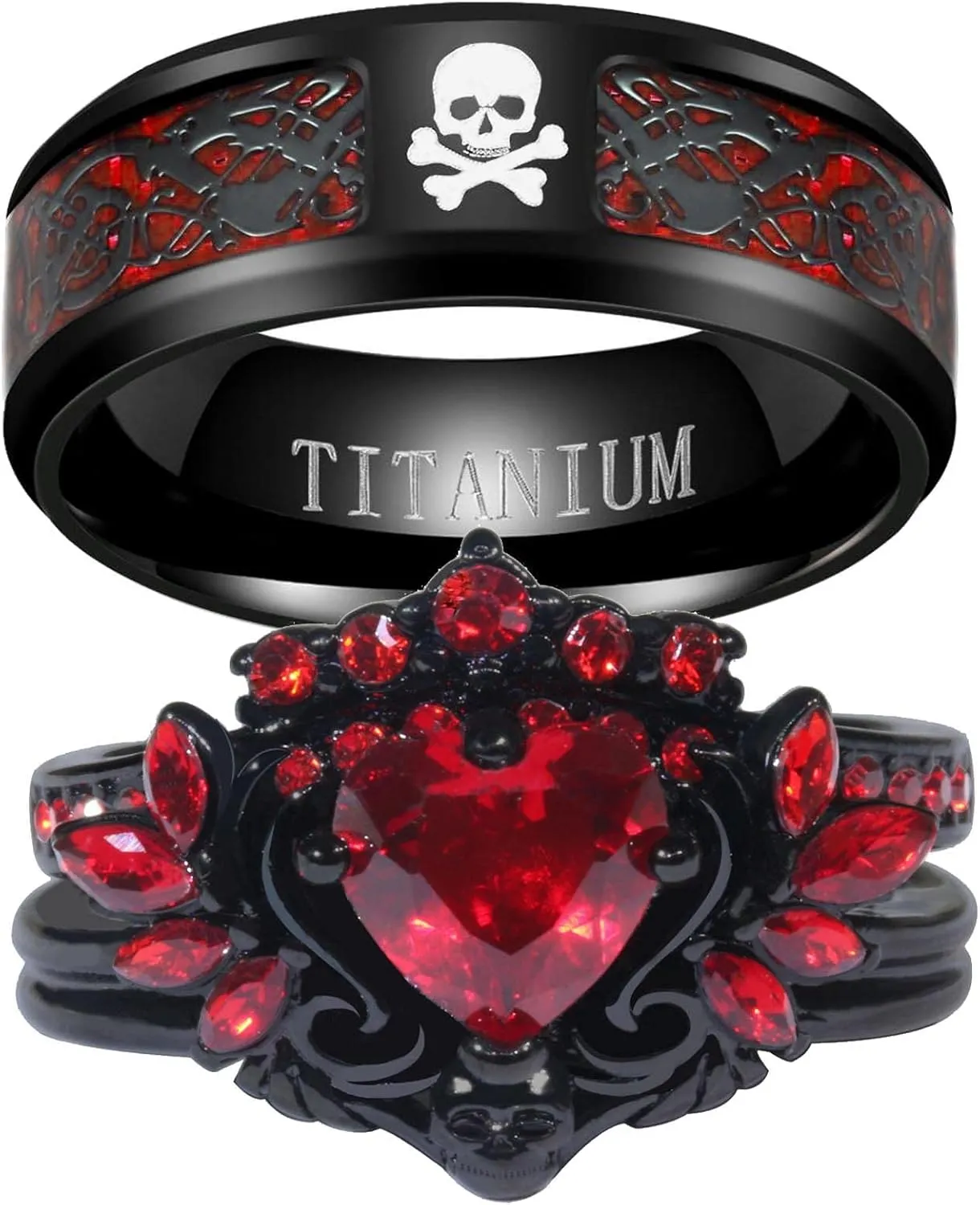 Couple Rings Matching Rings Black Wings Skull Ring 1.5ct Red CZ Womens Wedding Ring Sets Punk Ring