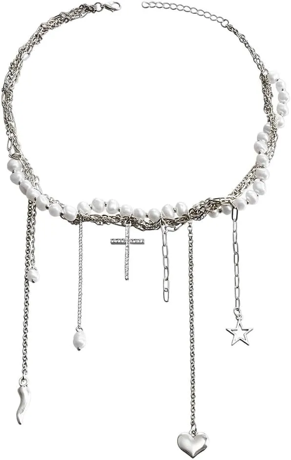 Cross Necklace for Women Layered Tassel Pendant With Pearl Star - Retro Trendy Jewelry Gifts
