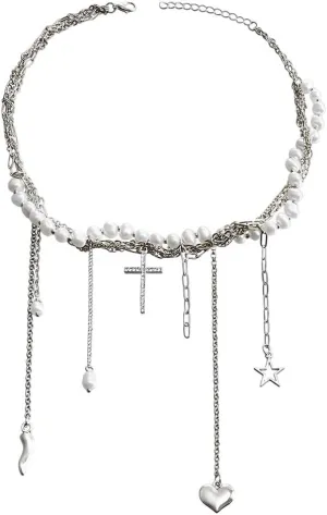 Cross Necklace for Women Layered Tassel Pendant With Pearl Star - Retro Trendy Jewelry Gifts