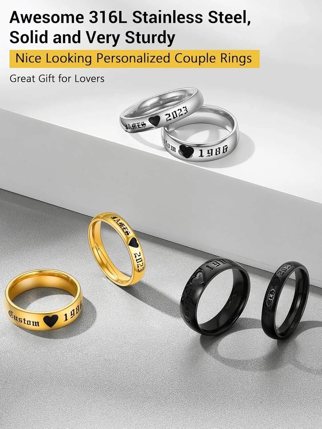 Custom Promise Rings for Couple, Gold Plated/Black Plated with 316L Stainless Steel Matching Rings, Engagement Wedding Bands for Him and Her, Come with Box