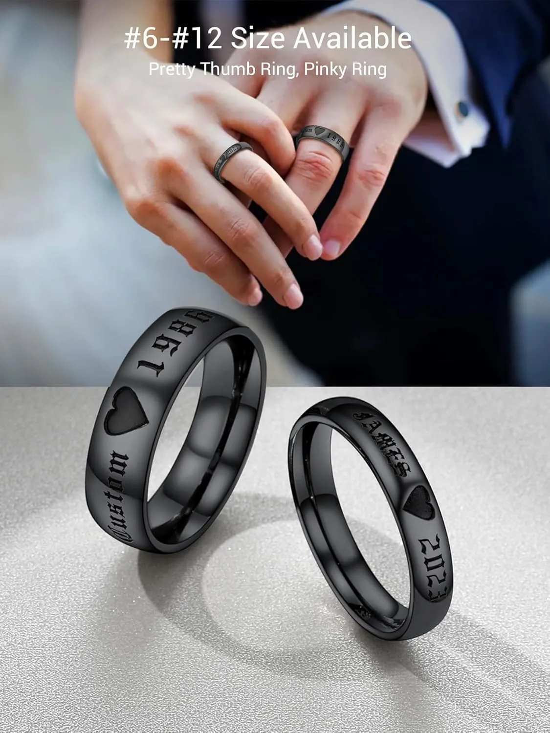 Custom Promise Rings for Couple, Gold Plated/Black Plated with 316L Stainless Steel Matching Rings, Engagement Wedding Bands for Him and Her, Come with Box