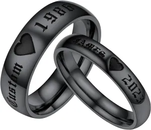 Custom Promise Rings for Couple, Gold Plated/Black Plated with 316L Stainless Steel Matching Rings, Engagement Wedding Bands for Him and Her, Come with Box