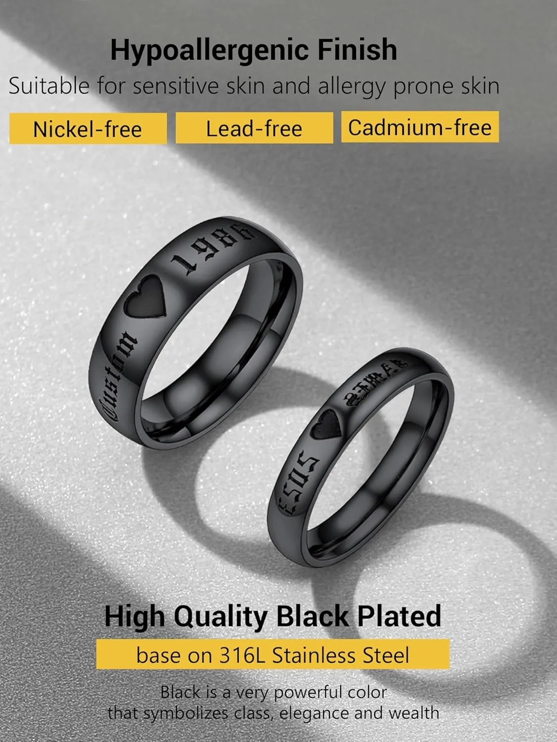 Custom Promise Rings for Couple, Gold Plated/Black Plated with 316L Stainless Steel Matching Rings, Engagement Wedding Bands for Him and Her, Come with Box