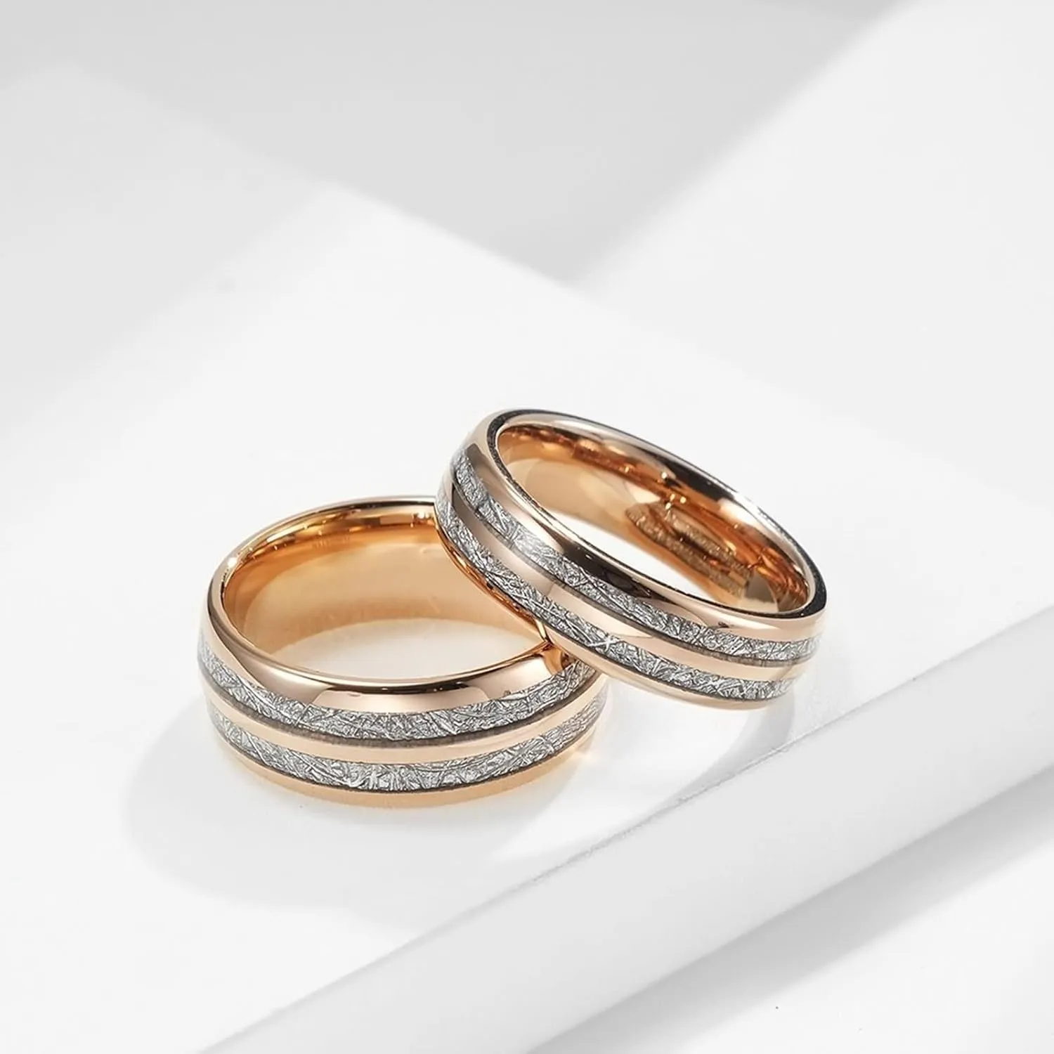 Daesar Couple Rings Set Promise Rings, His and Her Wedding Bands Tungsten 6/8MM Polished Round with Metal Foil Groove Rose Gold