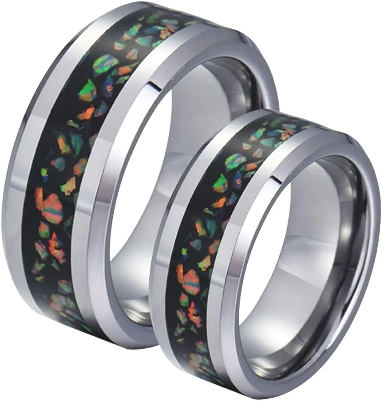 Daesar Couples Wedding Rings Sets, Engagement Rings for Men and Women Set Tungsten 8MM Polished Round with Colorful Opal Silver