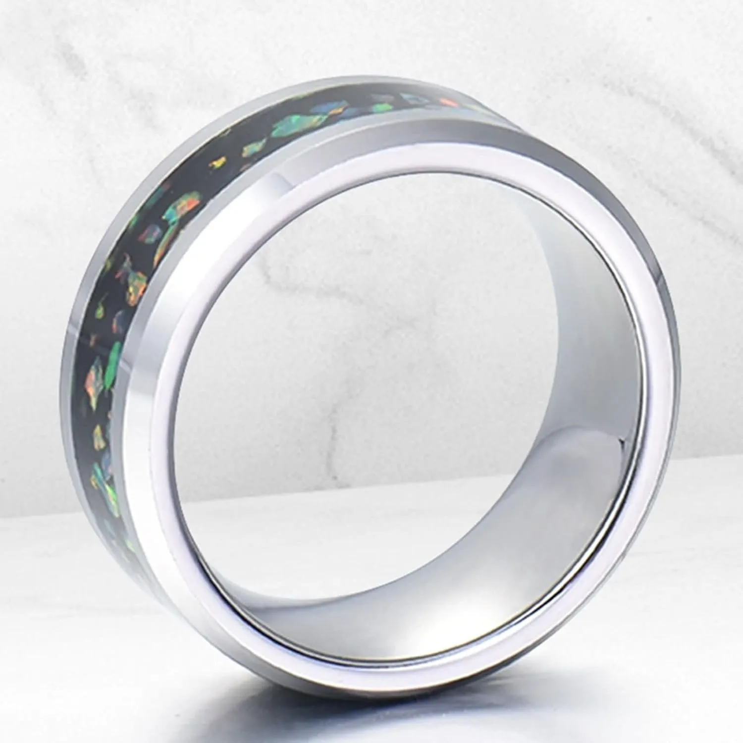 Daesar Couples Wedding Rings Sets, Engagement Rings for Men and Women Set Tungsten 8MM Polished Round with Colorful Opal Silver