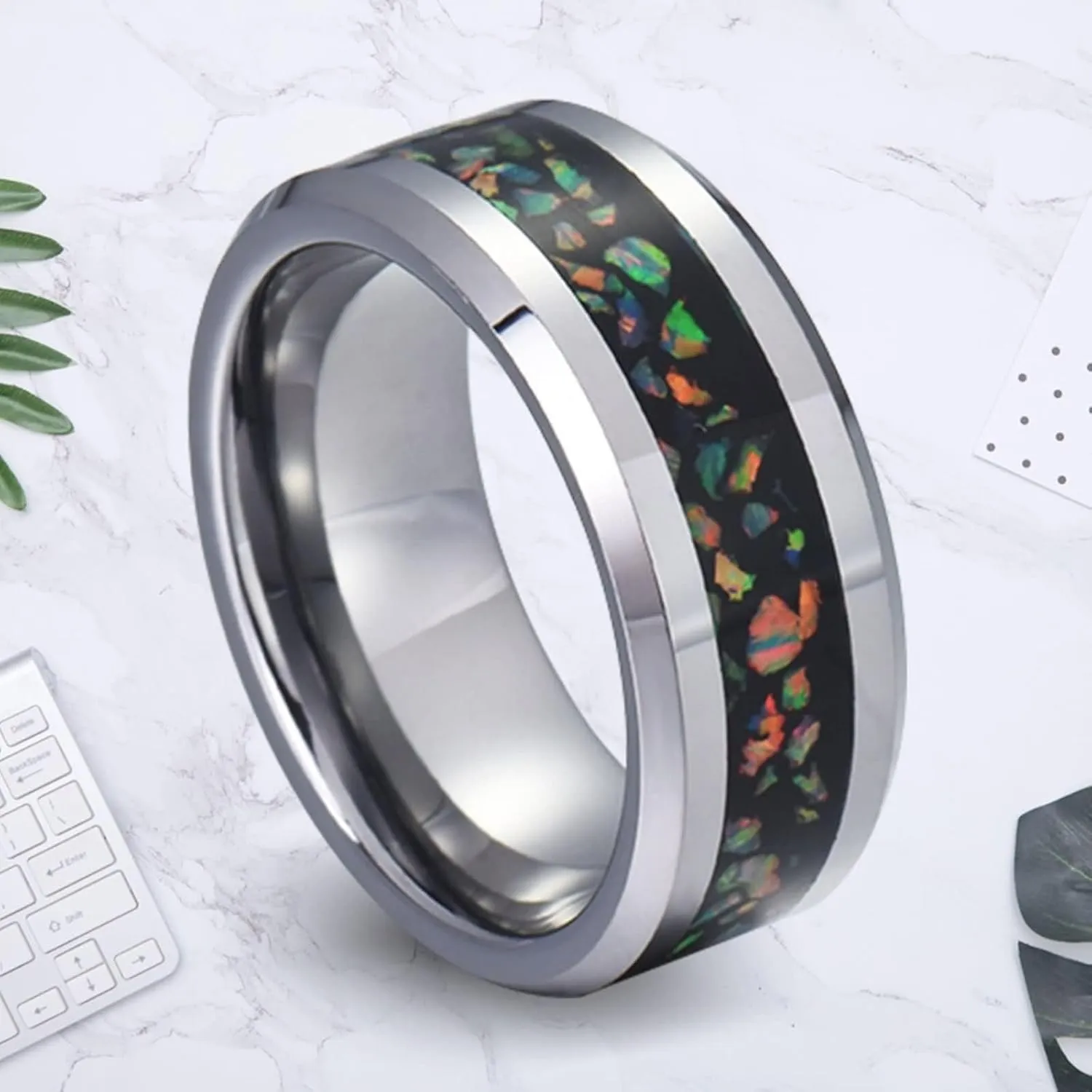 Daesar Couples Wedding Rings Sets, Engagement Rings for Men and Women Set Tungsten 8MM Polished Round with Colorful Opal Silver