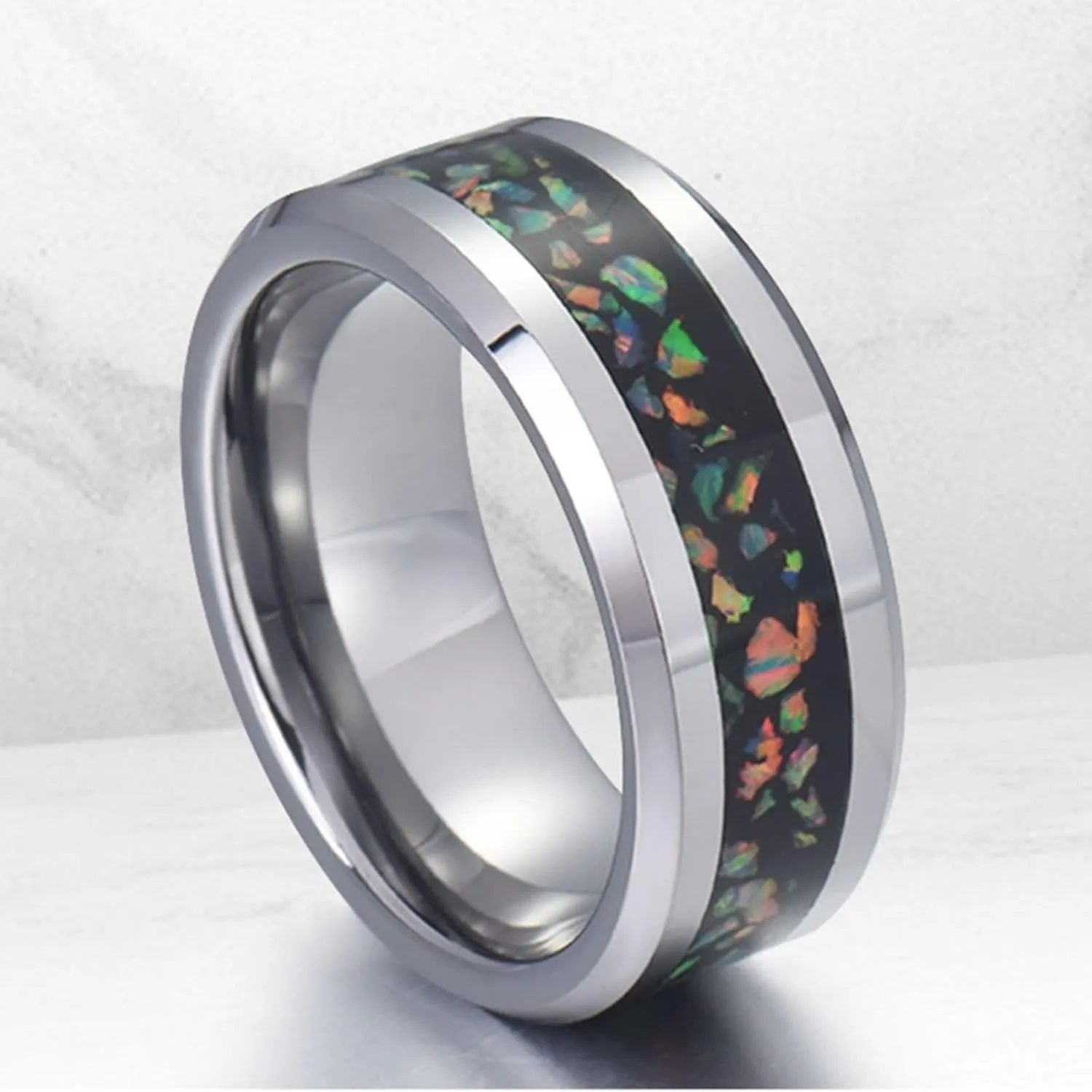 Daesar Couples Wedding Rings Sets, Engagement Rings for Men and Women Set Tungsten 8MM Polished Round with Colorful Opal Silver