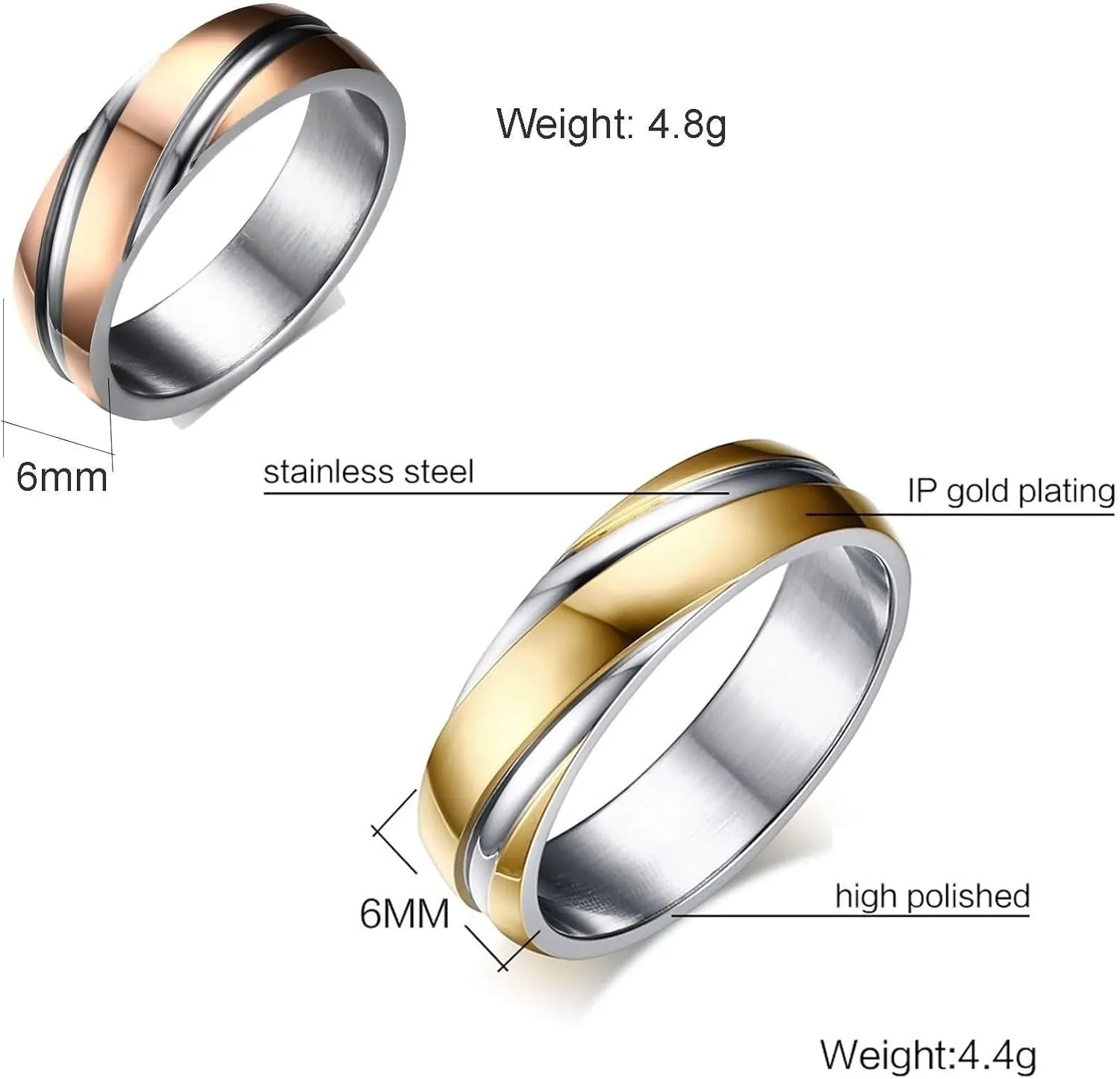 Daesar Engagement Rings for Couples, Women and Men Wedding Ring Stainless Steel Polished Round 6MM with Stripes Gold Rose Gold