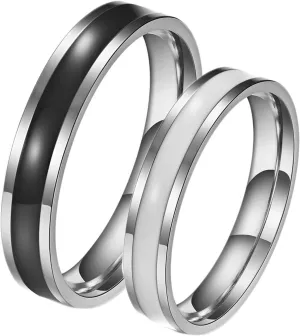 Daesar Promise Rings Couples Set, Wedding Rings for Women and Men Stainless Steel 4MM Polished Round with Black White Enamel Silver