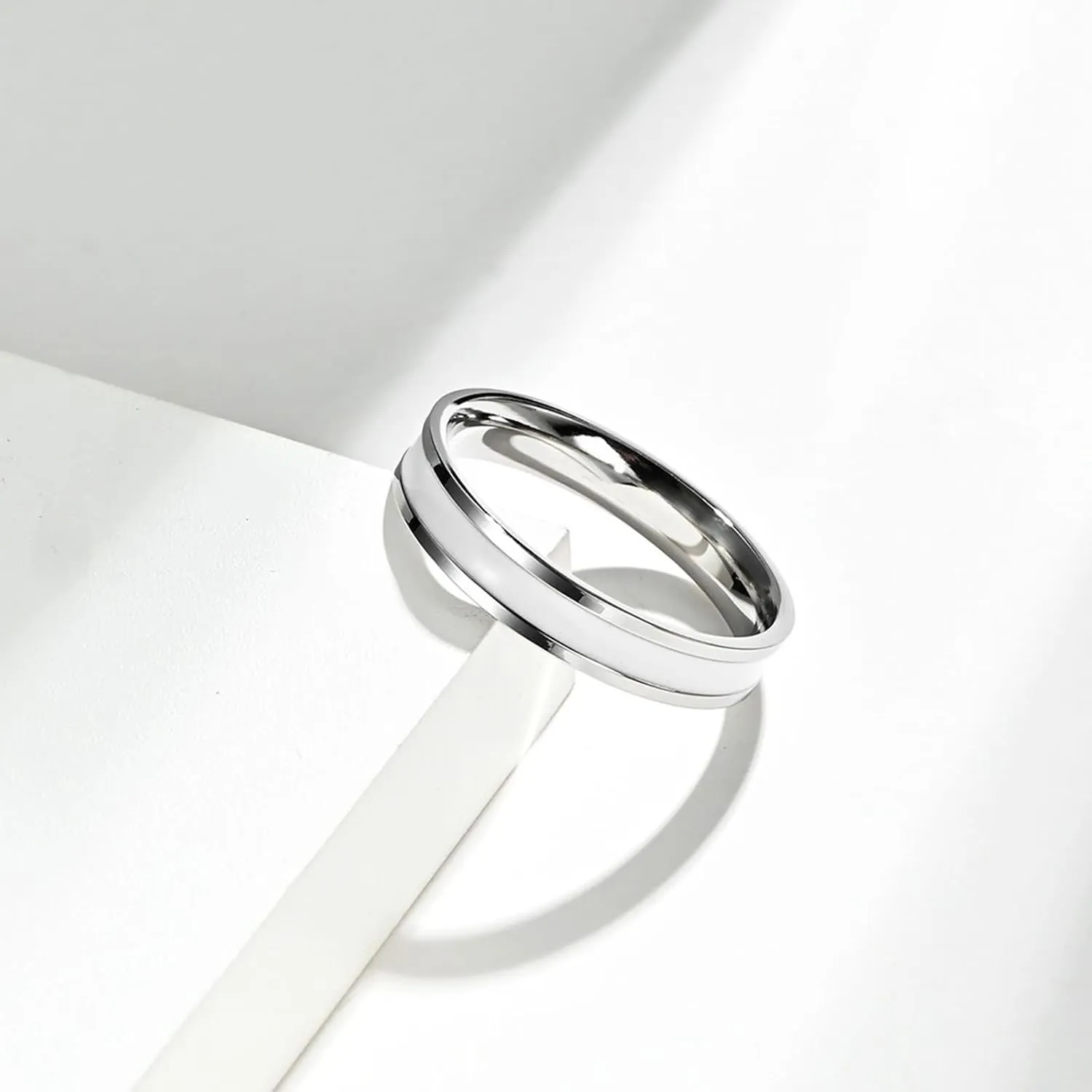 Daesar Promise Rings Couples Set, Wedding Rings for Women and Men Stainless Steel 4MM Polished Round with Black White Enamel Silver
