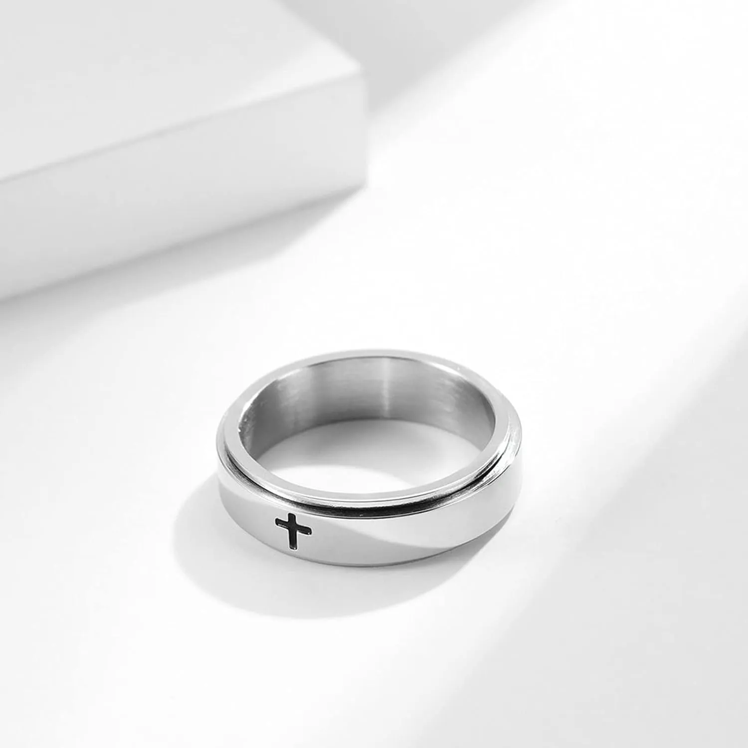 Daesar Stainless Steel Ring for Women and Men Fidget Rings for Anxiety Polished Cross 6MM Wedding Band for Couples Comfort Fit