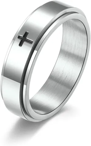Daesar Stainless Steel Ring for Women and Men Fidget Rings for Anxiety Polished Cross 6MM Wedding Band for Couples Comfort Fit