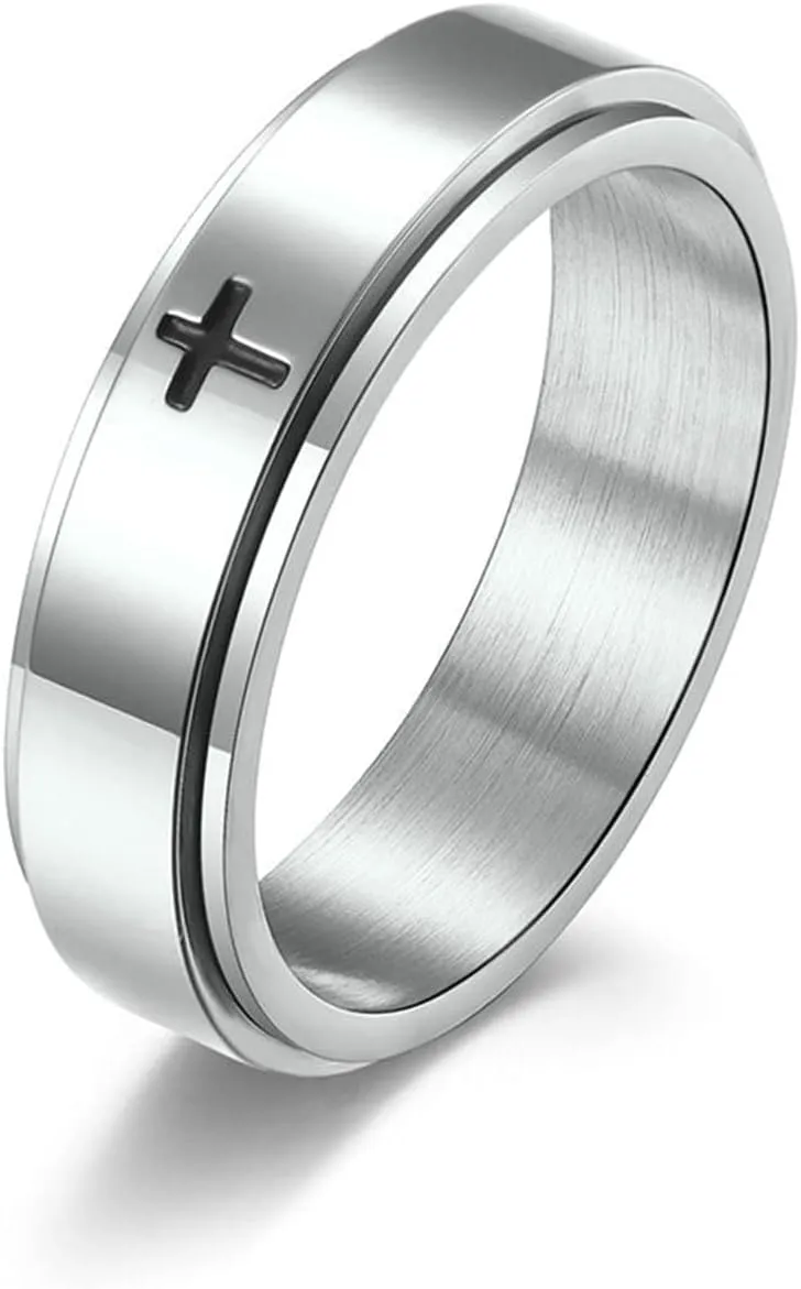 Daesar Stainless Steel Ring for Women and Men Fidget Rings for Anxiety Polished Cross 6MM Wedding Band for Couples Comfort Fit