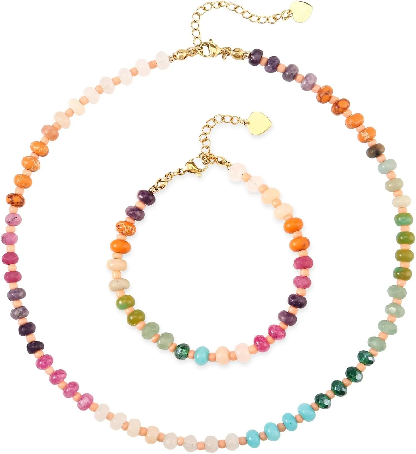 DHQH Beaded Gemstone Necklace Set for Women, Colorful Boho Bead Choker Necklace Natural Stone Beach Necklace 14K Gold Plated Summer Handmade Jewelry