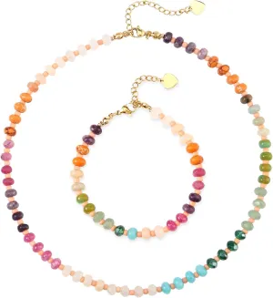 DHQH Beaded Gemstone Necklace Set for Women, Colorful Boho Bead Choker Necklace Natural Stone Beach Necklace 14K Gold Plated Summer Handmade Jewelry