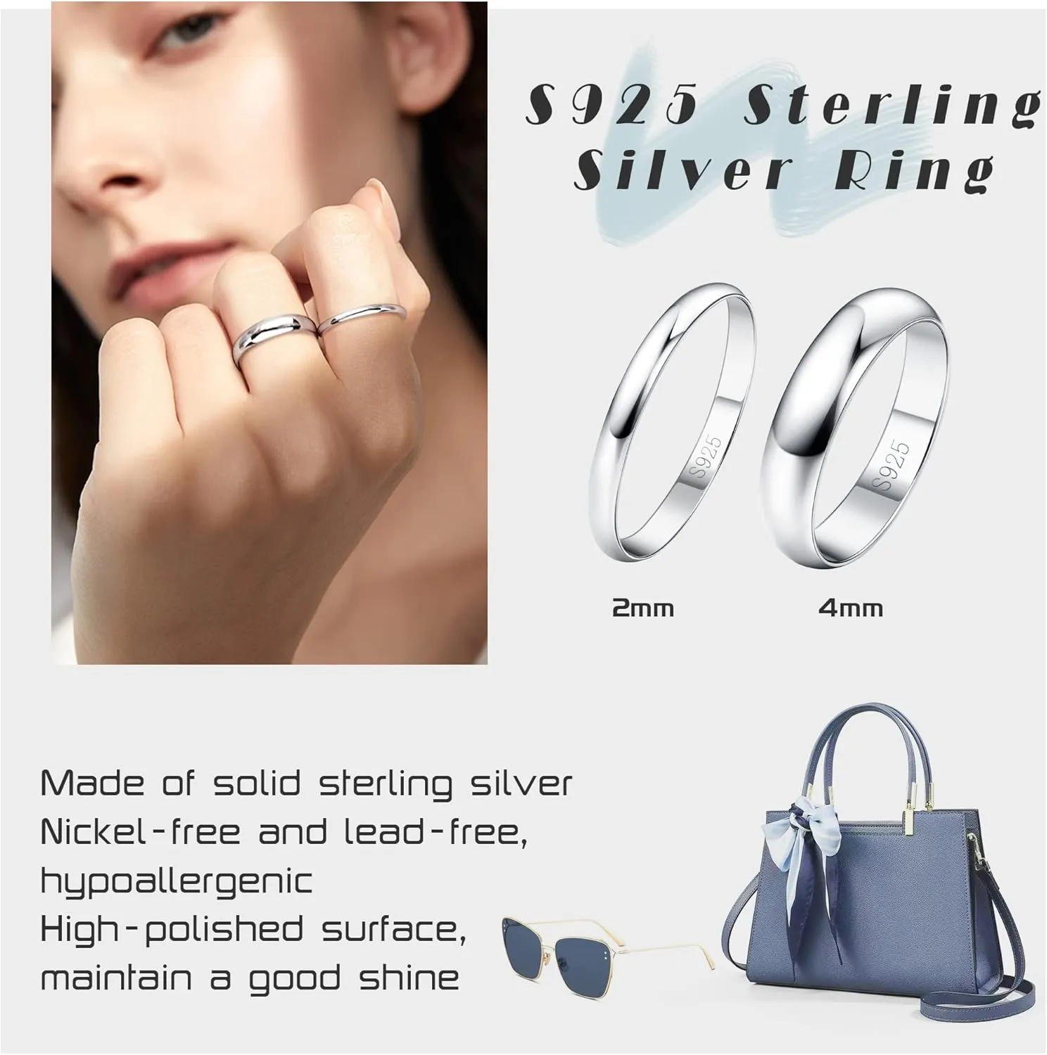 Diamday S925 Sterling Silver Rings for Women Men High Polished Sterling Silver Band Thumb Stackable Ring Comfort Fit 1mm 2mm 4mm