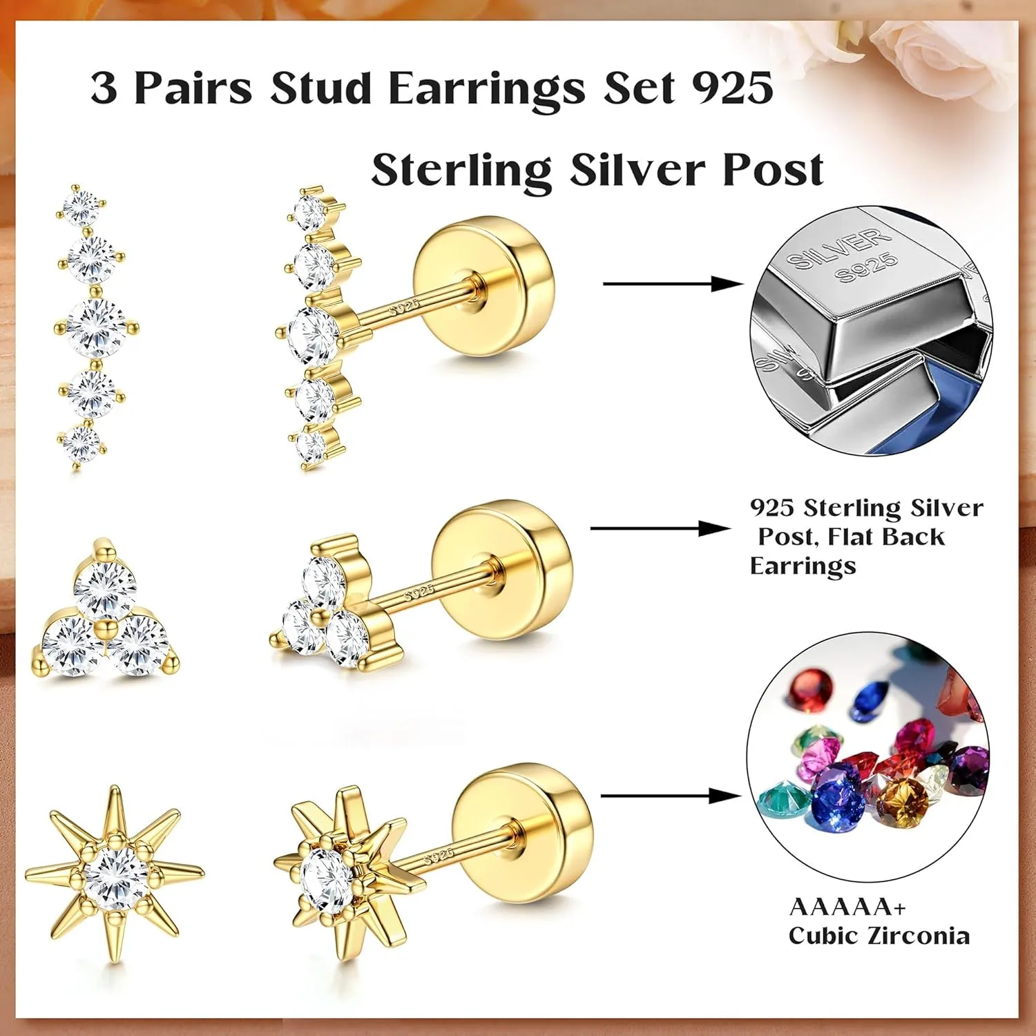 Dochais 14K Gold Plated Flat Back Earrings Studs - 925 Sterling Silver Hypoallergenic Cartilage Helix Tragus Small Screw Back for Multiple Piercing