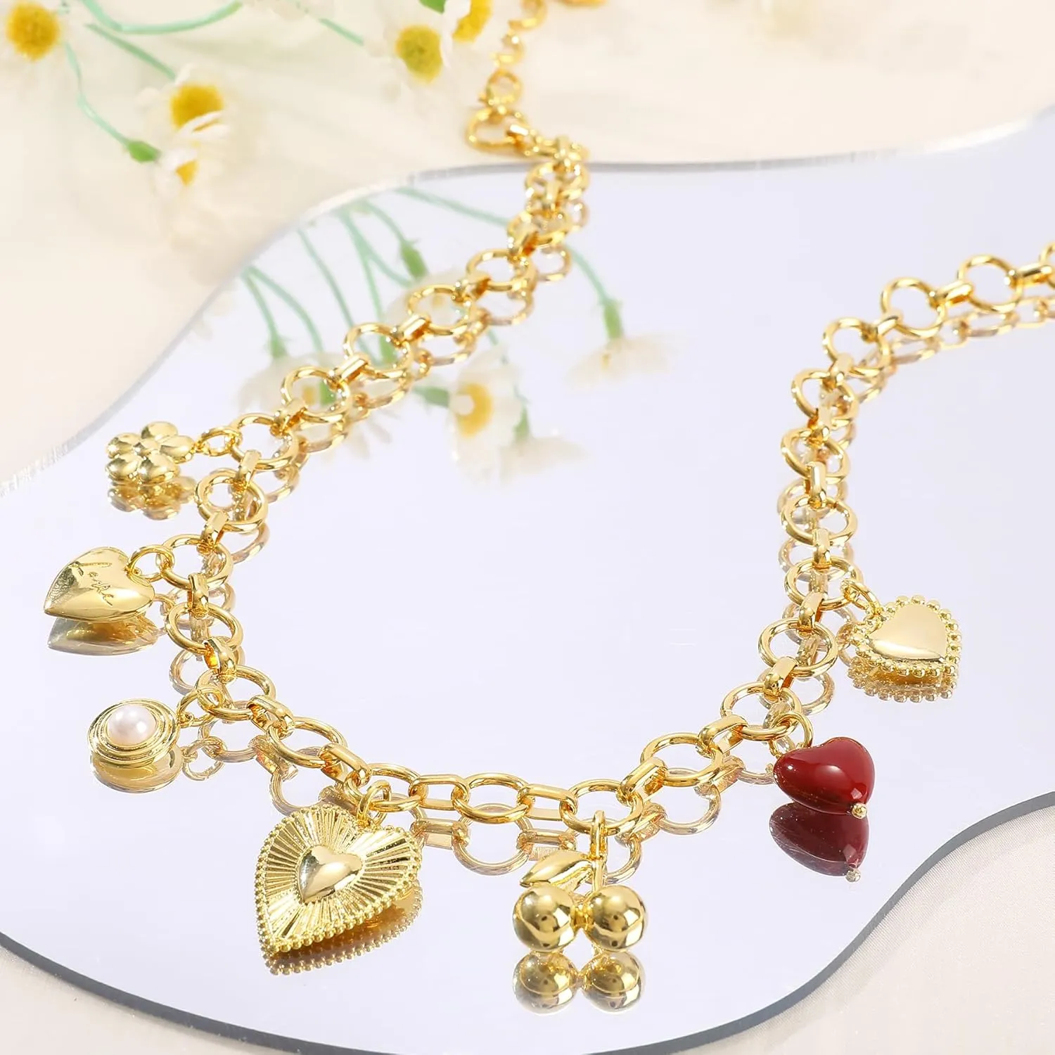 Dragonfly Butterfly Insect Heart Cherry Cross Necklace for Women,14K Gold Plated Ladybug Fly Mushroom Dragonfly Rose Cherry Floral Pearl Religious O-Ring Chain Stocking Stuffers for Christmas Gifts