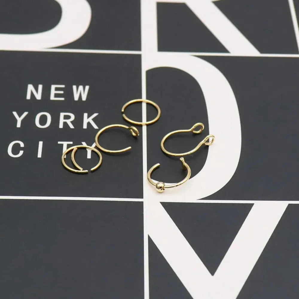 Earmark 20G 5Pcs Adjustable 8MM Fake Nose Rings Hoop in High Polished Surgical Steel | Diameter 8MM | Color Gold - Silver - Black - Rainbow