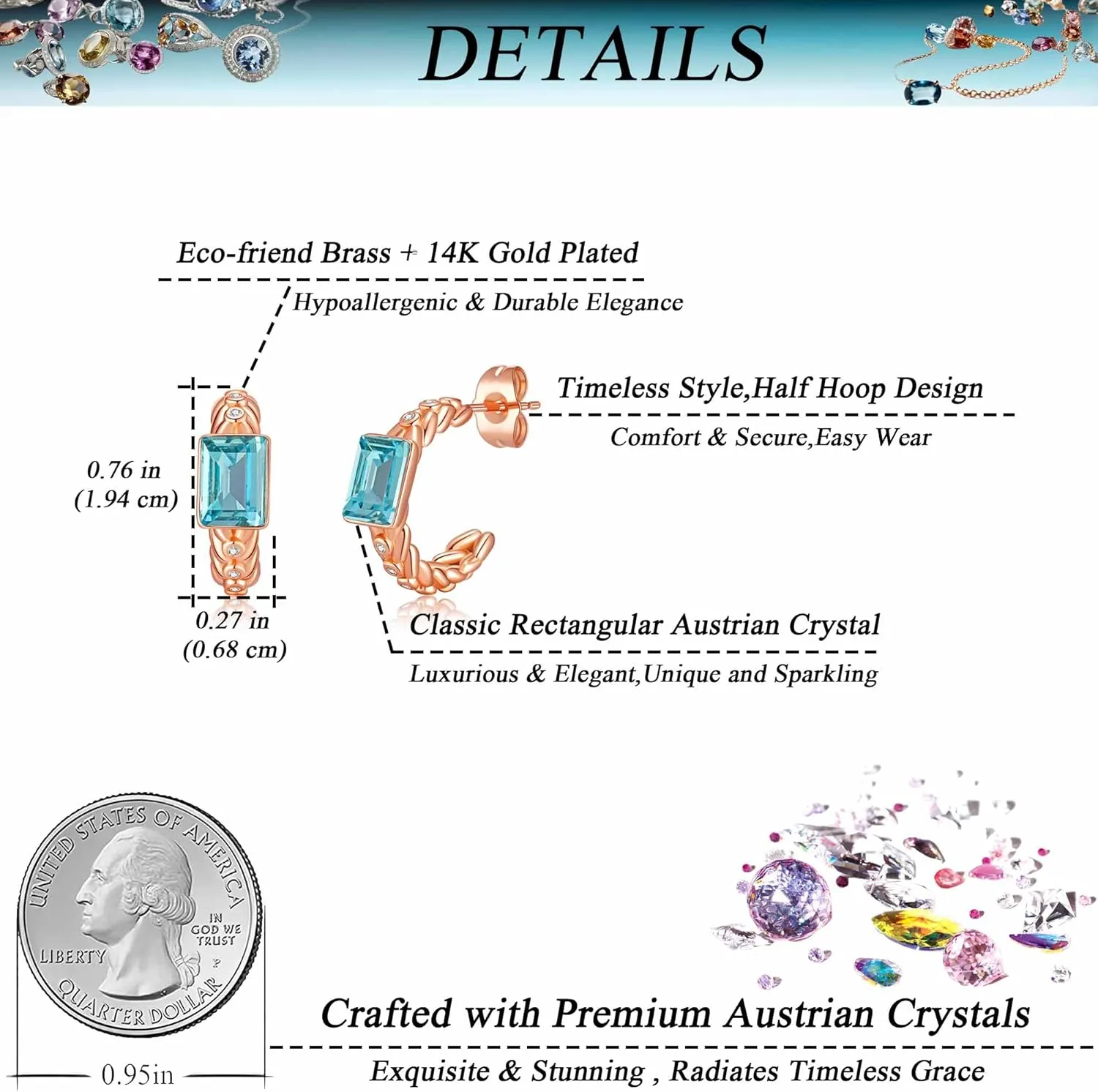 Elegant Rectangular Crystal Chunky Hoops Earrings for Women 14K Gold Plated Hypoallergenic Jewelry