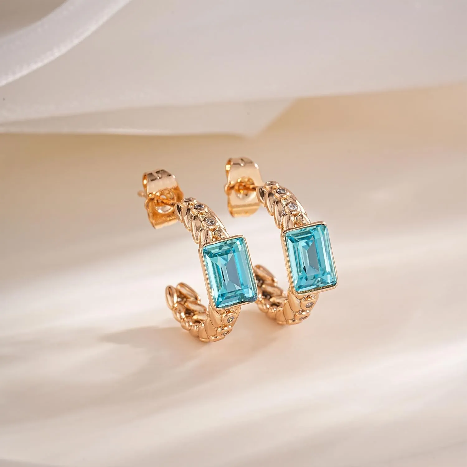 Elegant Rectangular Crystal Chunky Hoops Earrings for Women 14K Gold Plated Hypoallergenic Jewelry
