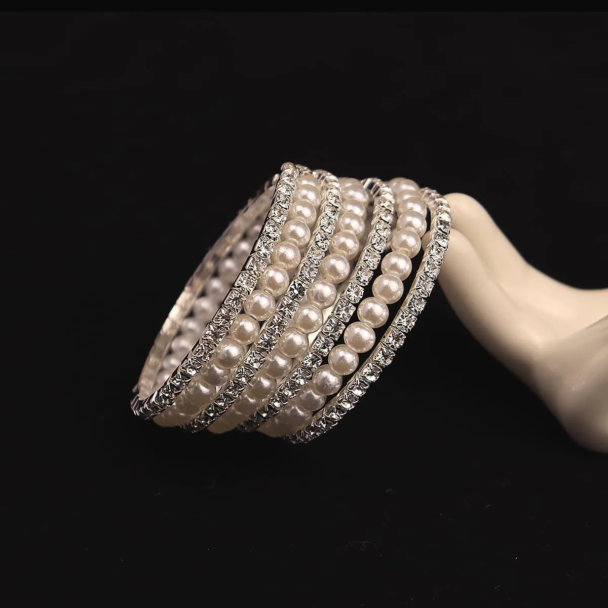 Elegant Rhinestone Pearl Bracelet Bangle Sparkling Crystal Multi-layered Wrist Band Bridal Statement Wristlet for Women