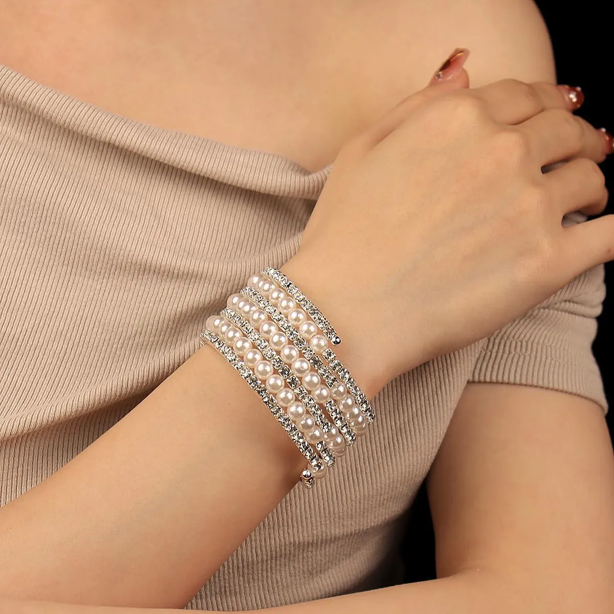 Elegant Rhinestone Pearl Bracelet Bangle Sparkling Crystal Multi-layered Wrist Band Bridal Statement Wristlet for Women