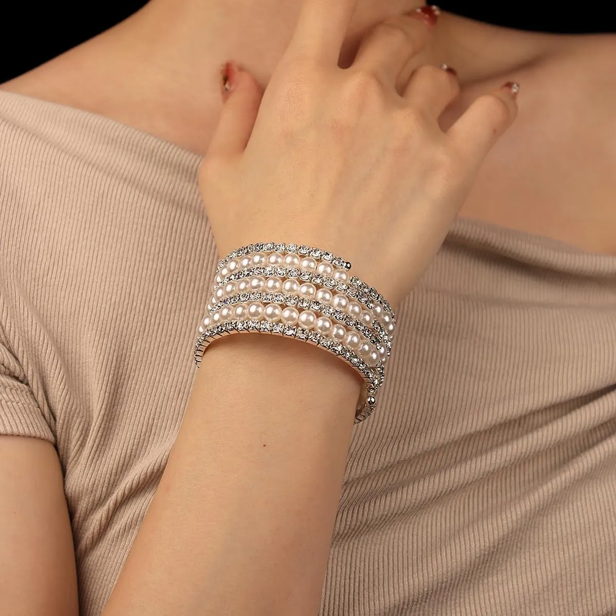Elegant Rhinestone Pearl Bracelet Bangle Sparkling Crystal Multi-layered Wrist Band Bridal Statement Wristlet for Women