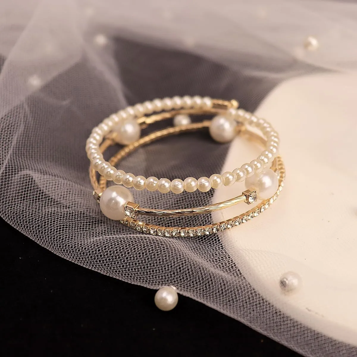 Elegant Rhinestone Pearl Bracelet Bangle Sparkling Crystal Multi-layered Wrist Band Bridal Statement Wristlet for Women
