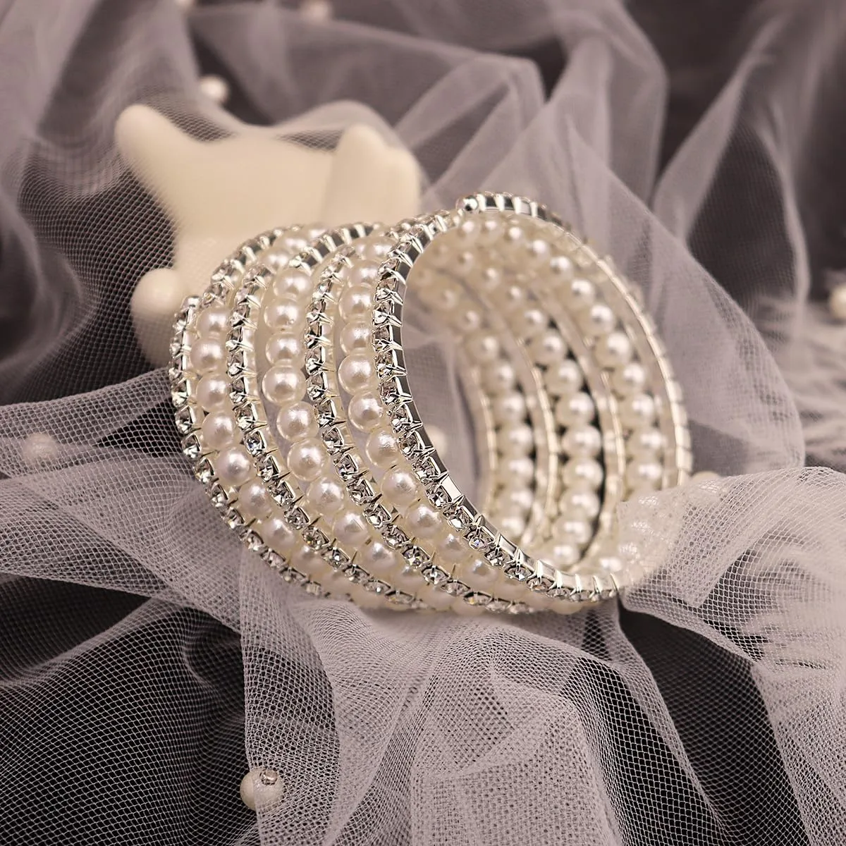 Elegant Rhinestone Pearl Bracelet Bangle Sparkling Crystal Multi-layered Wrist Band Bridal Statement Wristlet for Women