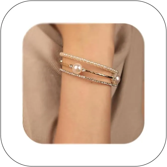 Elegant Rhinestone Pearl Bracelet Bangle Sparkling Crystal Multi-layered Wrist Band Bridal Statement Wristlet for Women