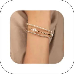 Elegant Rhinestone Pearl Bracelet Bangle Sparkling Crystal Multi-layered Wrist Band Bridal Statement Wristlet for Women