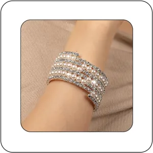 Elegant Rhinestone Pearl Bracelet Bangle Sparkling Crystal Multi-layered Wrist Band Bridal Statement Wristlet for Women
