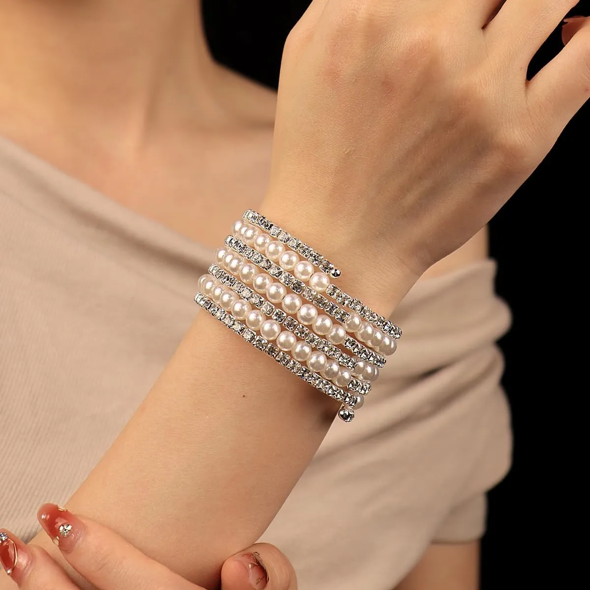 Elegant Rhinestone Pearl Bracelet Bangle Sparkling Crystal Multi-layered Wrist Band Bridal Statement Wristlet for Women