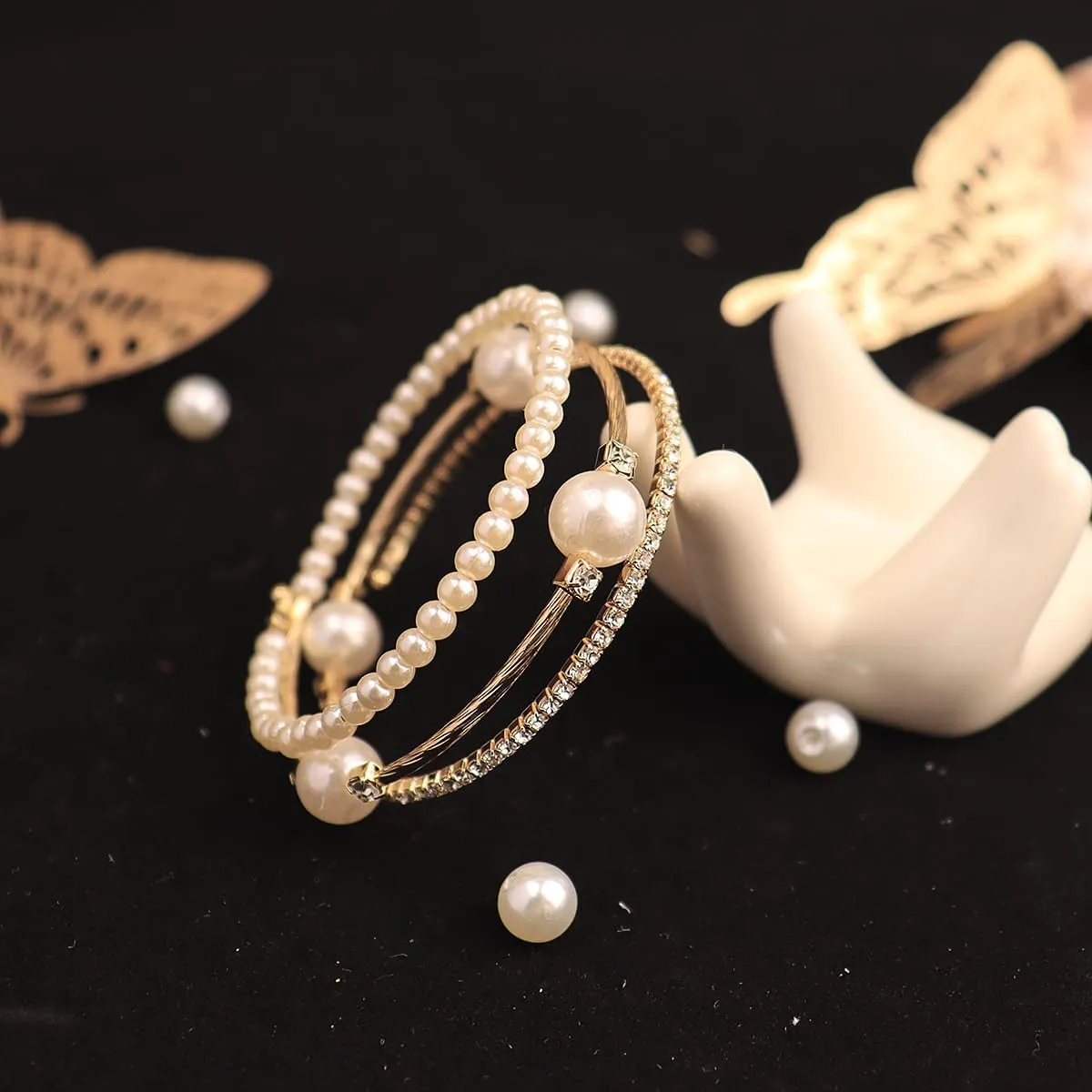Elegant Rhinestone Pearl Bracelet Bangle Sparkling Crystal Multi-layered Wrist Band Bridal Statement Wristlet for Women