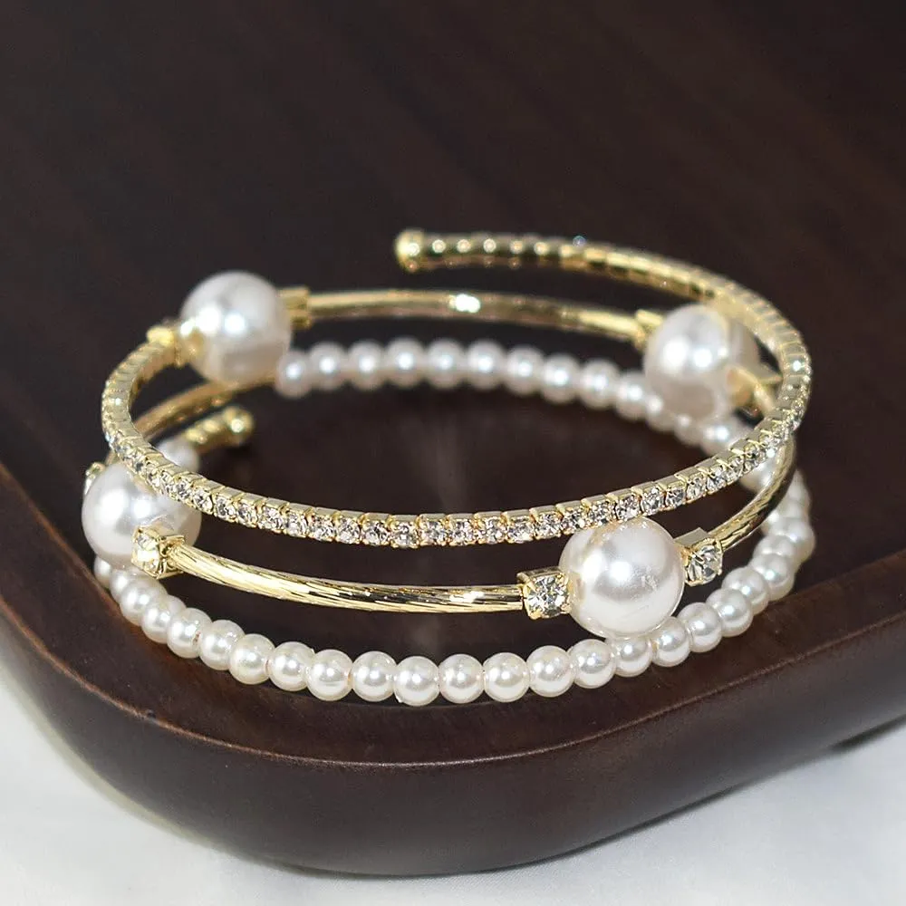 Elegant Rhinestone Pearl Bracelet Bangle Sparkling Crystal Multi-layered Wrist Band Bridal Statement Wristlet for Women