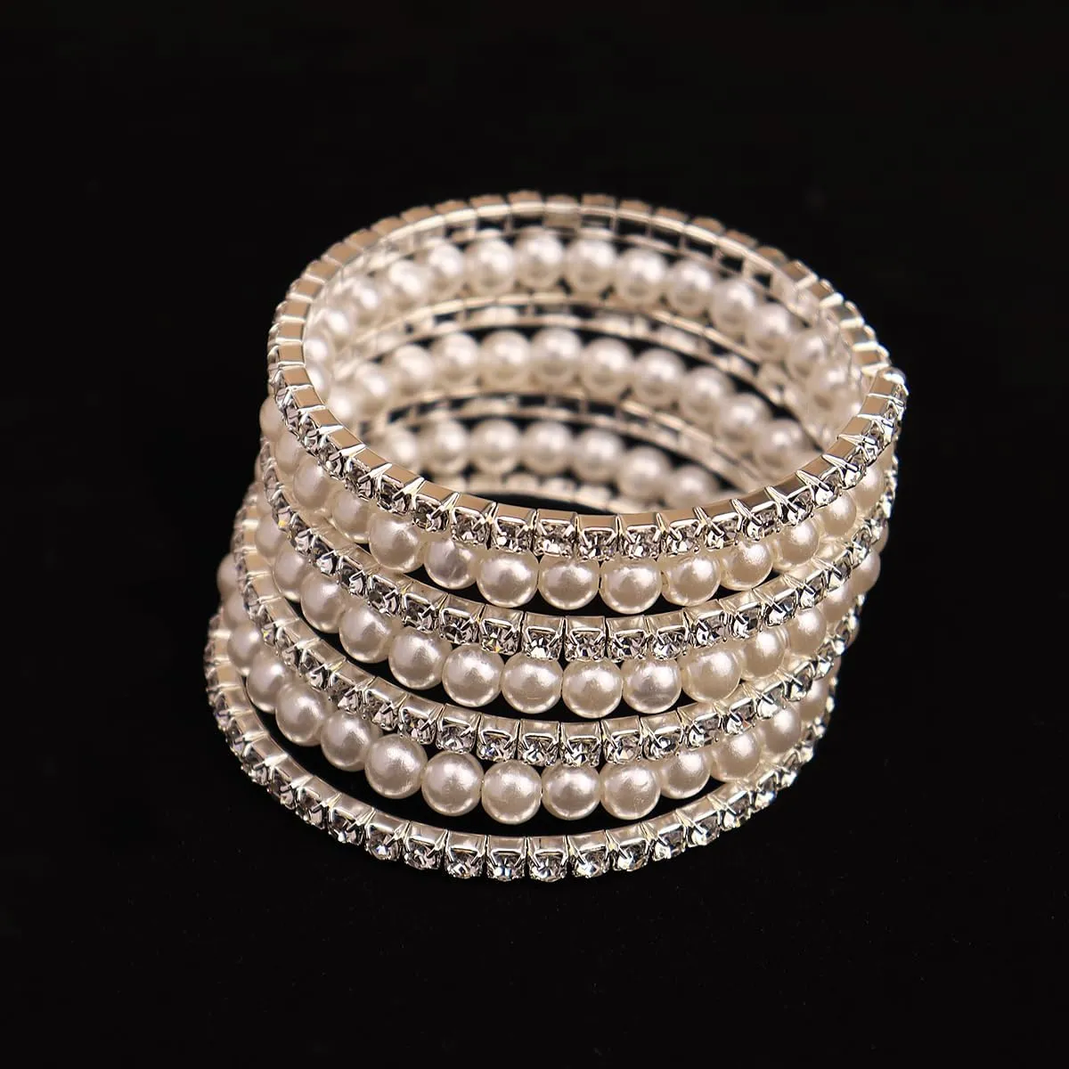 Elegant Rhinestone Pearl Bracelet Bangle Sparkling Crystal Multi-layered Wrist Band Bridal Statement Wristlet for Women