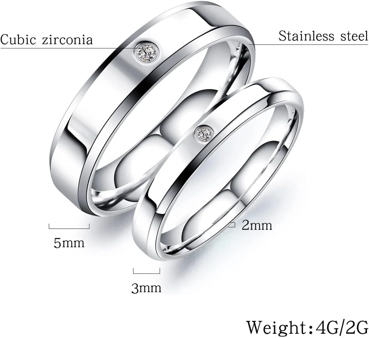 Epinki Matching Ring Set, 3/5MM Stainless Steel Silver Polished White Round Cubic Zirconia Band Ring Couples Jewelry