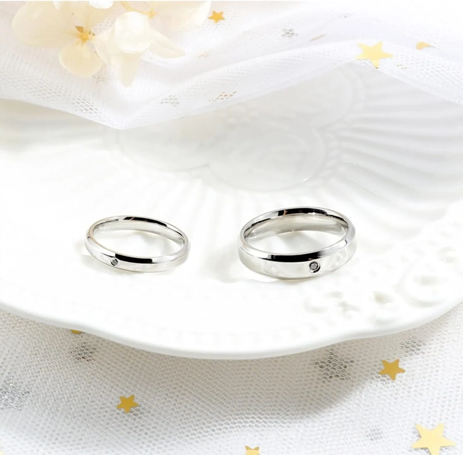 Epinki Matching Ring Set, 3/5MM Stainless Steel Silver Polished White Round Cubic Zirconia Band Ring Couples Jewelry