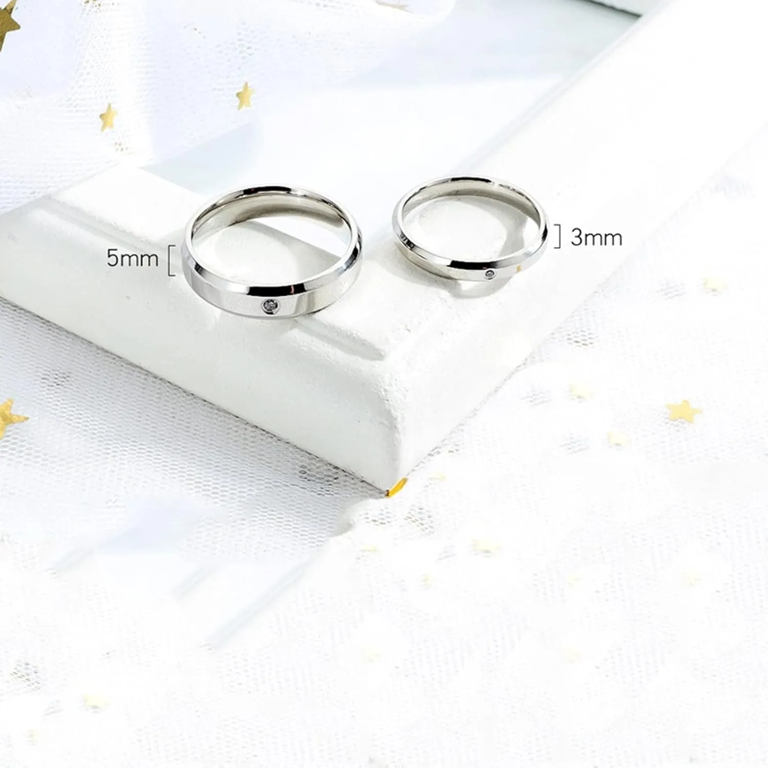 Epinki Matching Ring Set, 3/5MM Stainless Steel Silver Polished White Round Cubic Zirconia Band Ring Couples Jewelry