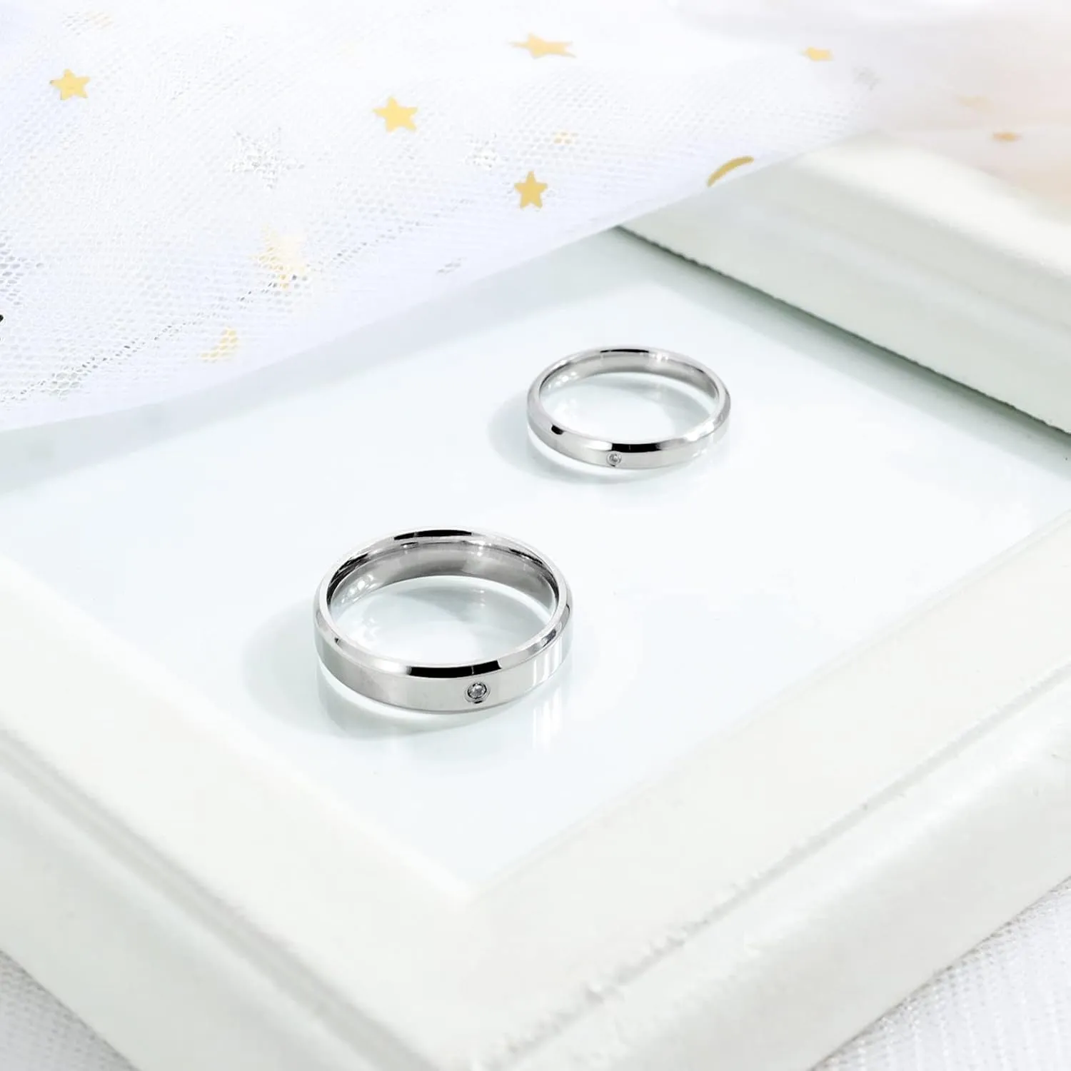 Epinki Matching Ring Set, 3/5MM Stainless Steel Silver Polished White Round Cubic Zirconia Band Ring Couples Jewelry