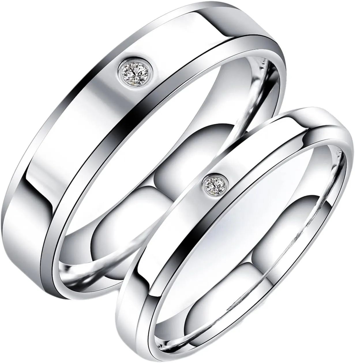 Epinki Matching Ring Set, 3/5MM Stainless Steel Silver Polished White Round Cubic Zirconia Band Ring Couples Jewelry
