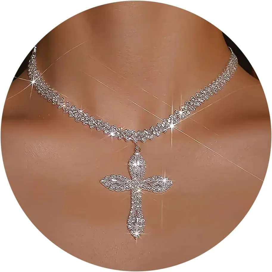 Fesciory Silver Rhinestone Tennis Necklaces for Women, Dainty Adjustable Layered Twist Rope Cubic Zircon Diamond Butterfly Necklace, Iced Out Heart Jewelry Gifts(Diamond Cross)