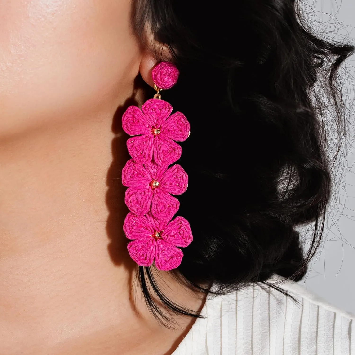 Flower Drop Earrings Floral Raffia Earrings Boho Statement Dangle Earrings Trendy Cute Summer Jewelry for Women