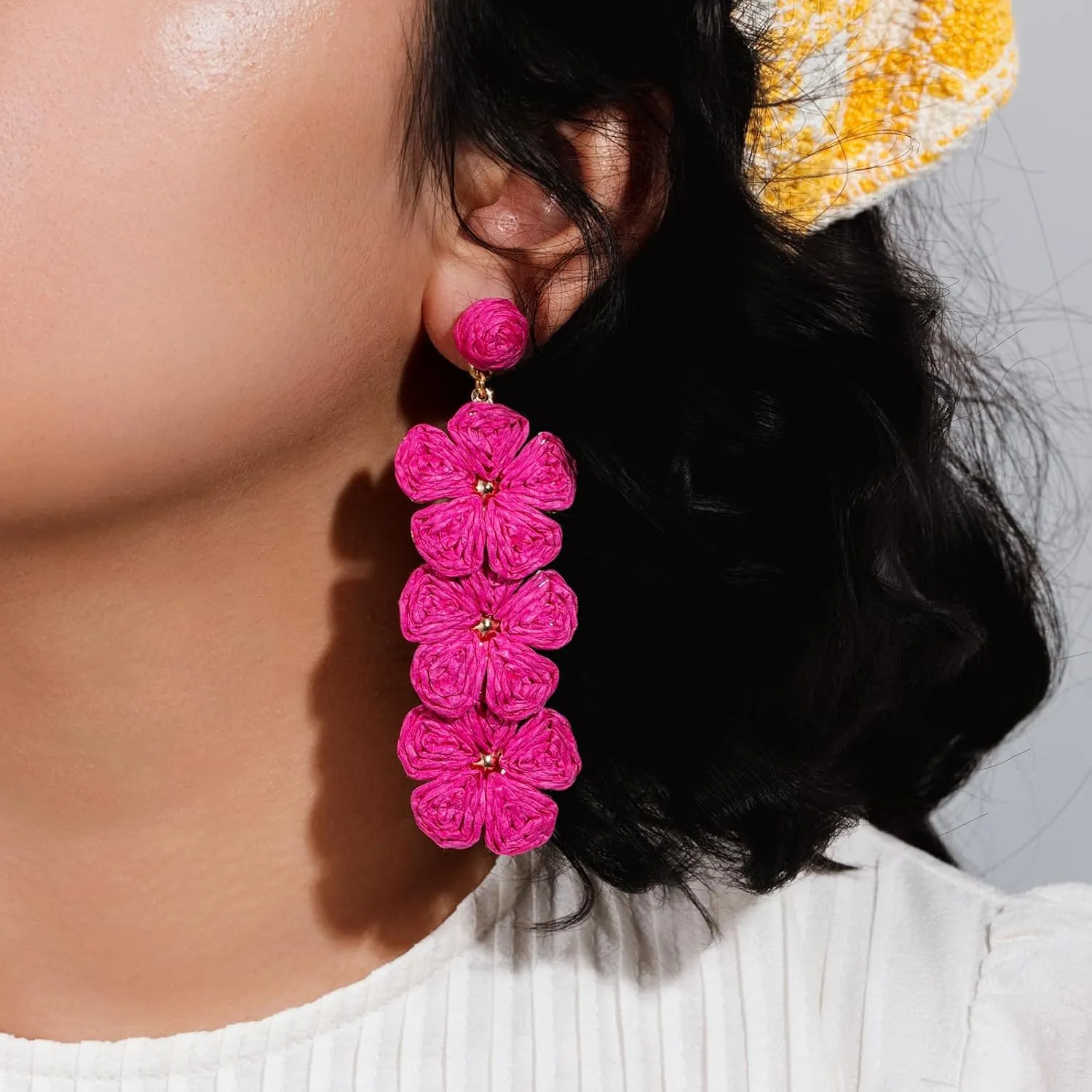 Flower Drop Earrings Floral Raffia Earrings Boho Statement Dangle Earrings Trendy Cute Summer Jewelry for Women